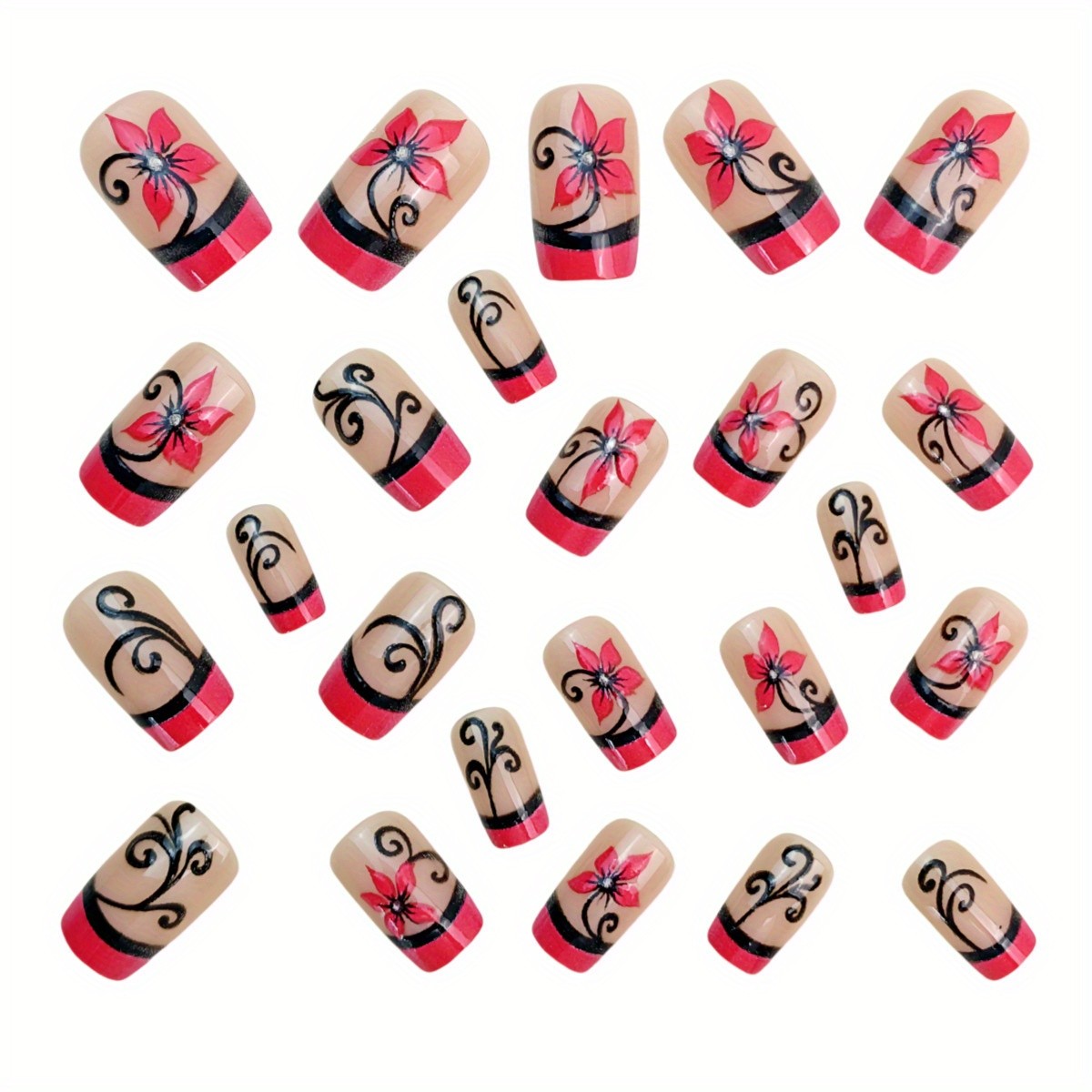 48pcs Press on Nails Pink Black Floral Swirl Square Reusable Glossy Fake Nails