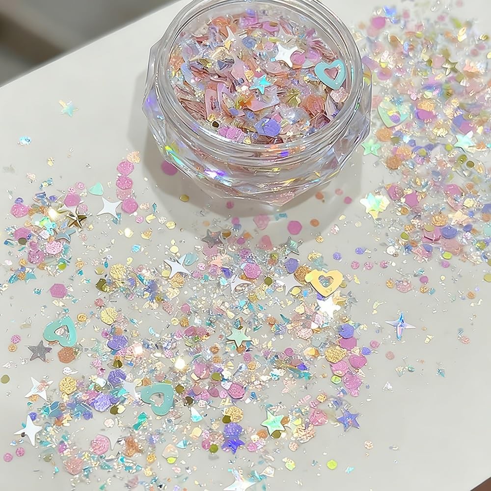 2 Boxes Colorful Heart Star Glitter for Nails Aurora Pink Nail Glitter Flakes…