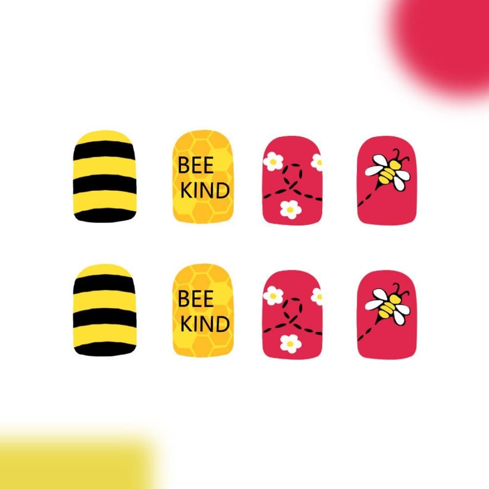 Bee Press on Nails Short Square False Nails withFlower Daisy Design Yellow Bl…