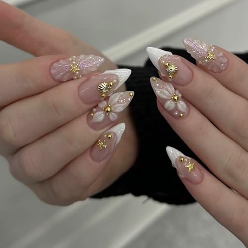 24Pcs White Flower Press on Nails Medium Almond Summer Fake flower nails-6