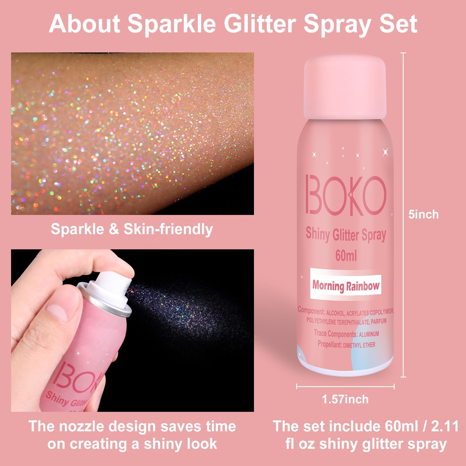Body Glitter Spray, 60ML Holographic Silver Glitter Spray for Body Hair Cloth…