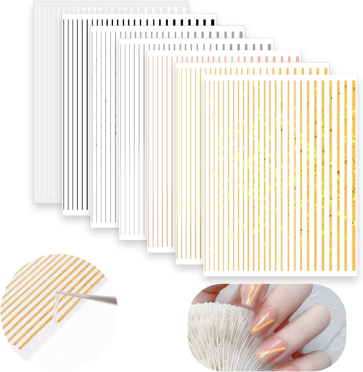 7 Sheets Line Nail Art Stickers Gold and Silver, Metallic Nail Striping for Wome