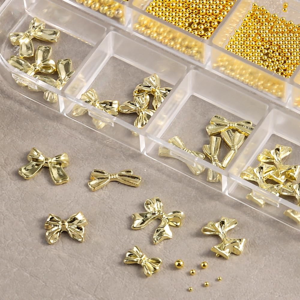 Golden Metal Bow Knot Steel Beads Nails Decoration Kit,3D Alloy Bow-Knot Gold…