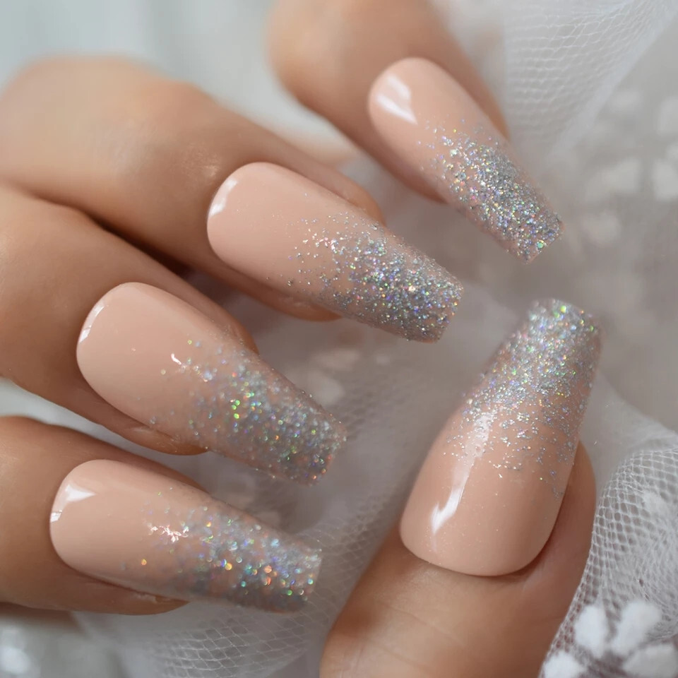 24 Press on nails kit w glue Long peach ombre glitter pale nude