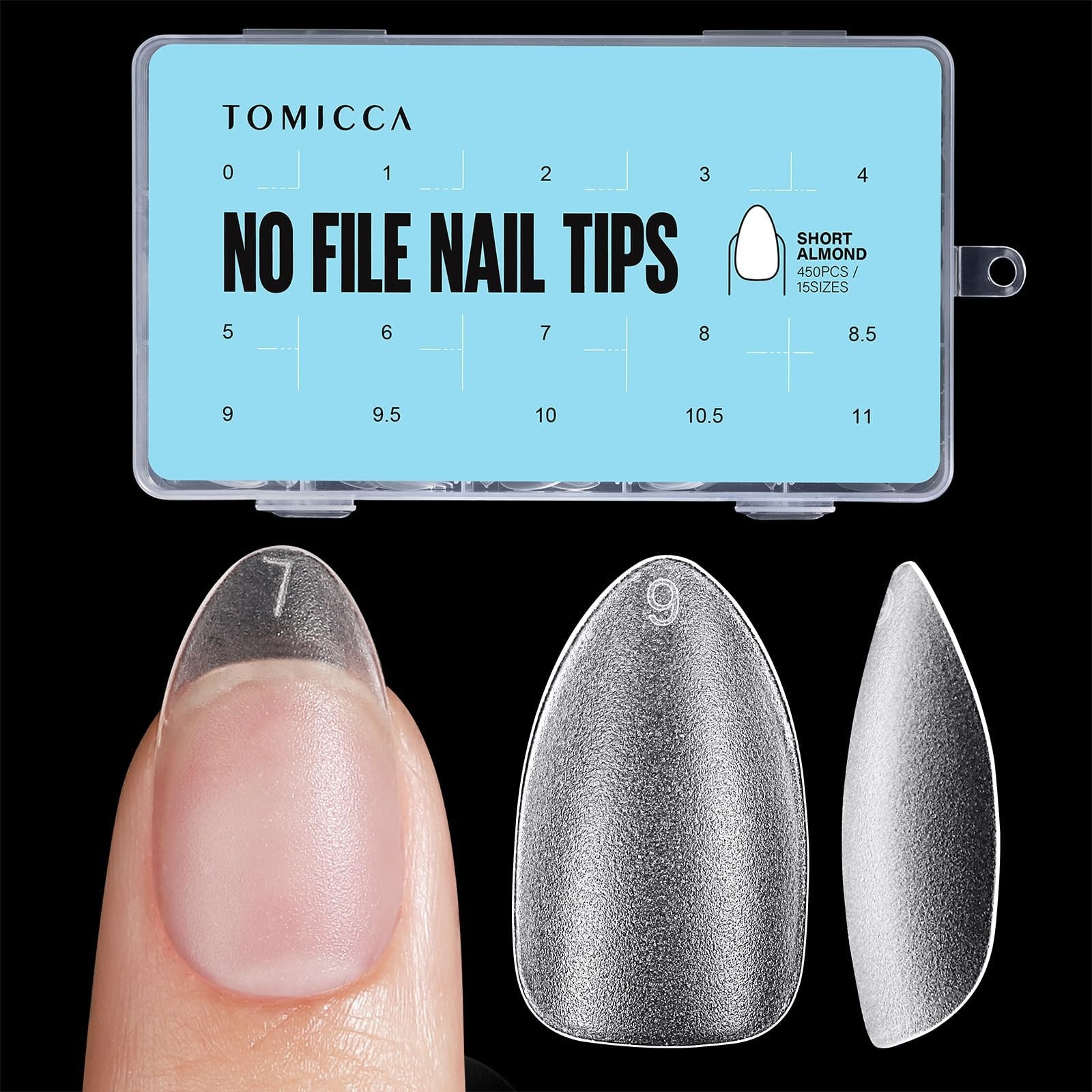 TOMICCA Short Almond Nail Tips Pre-Shaped Clear Press On Nails 450Pcs