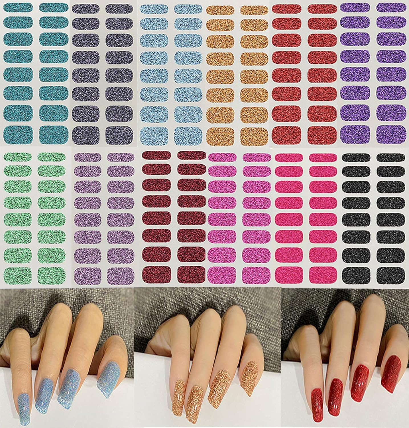 12 Sheets Glitter Nail Wraps Nail Polish Strips Solid Color Nail Polish Stickers