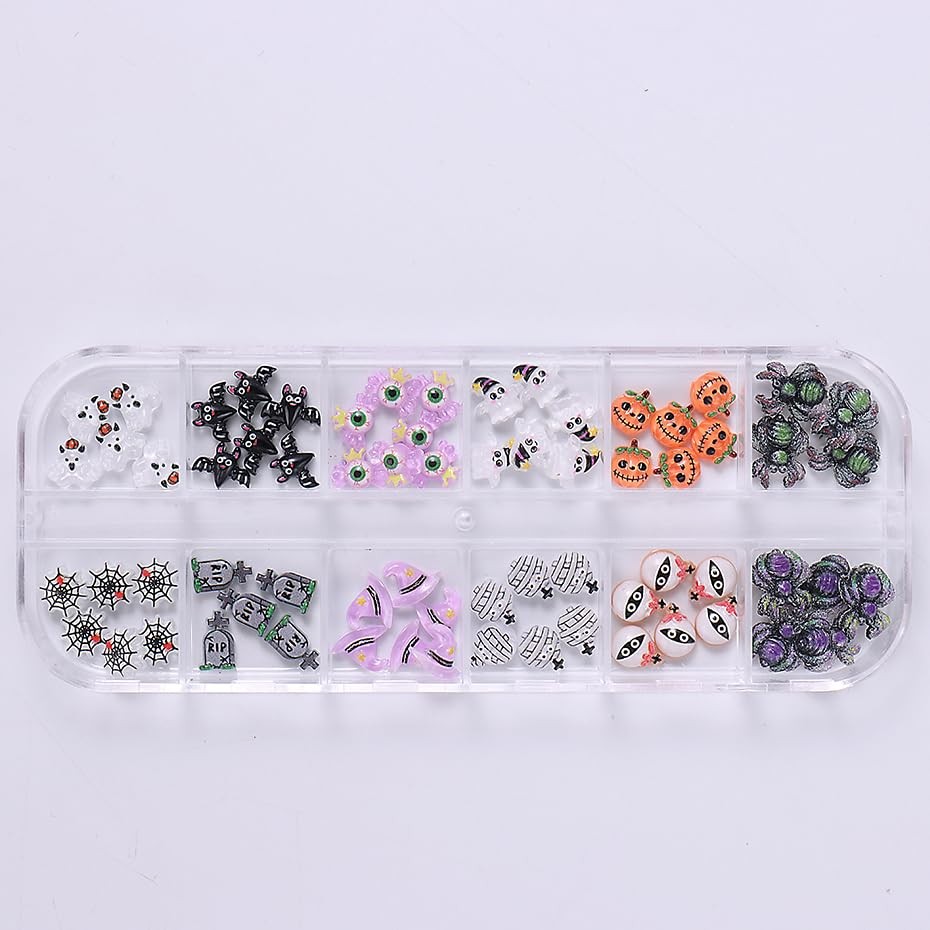 12 Grid Halloween Nail Charms Rhinestones Cute Spider Pumpkin Bat Resin Nail …