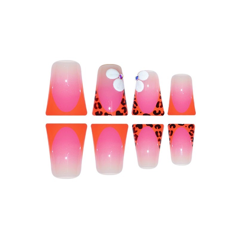 24pcs-Vibrant Fake Nails with Pink Orange Gradient, Leopard Tips and 3D Flowers