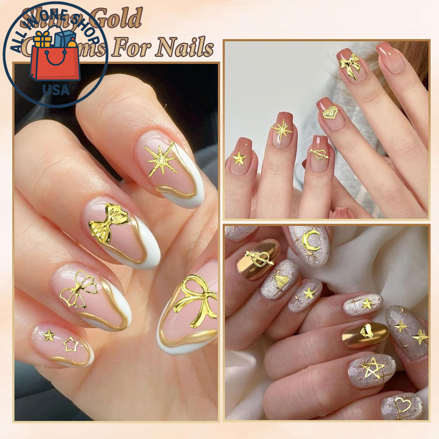 Gold Nail Charms Set: Pearls, Hearts, Bows, Stars, and Moon Designs