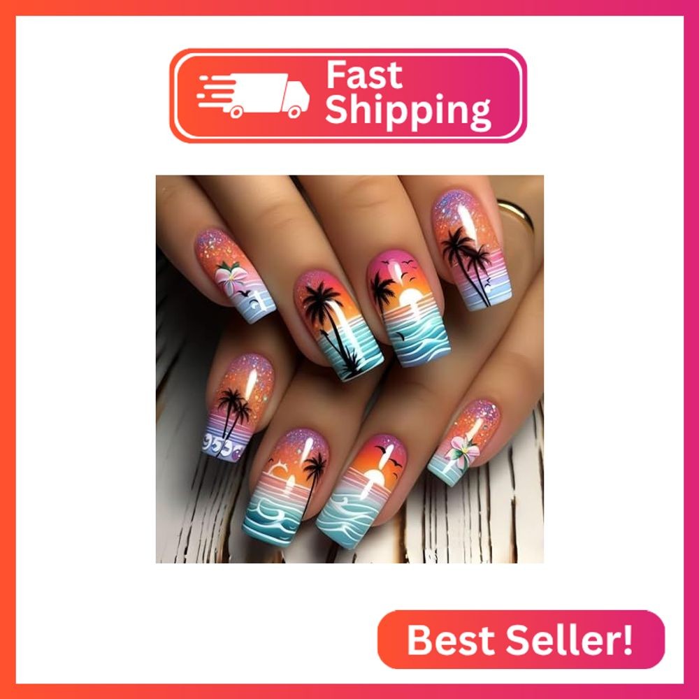 Summer Press on Nails Medium Square Stick on Nails – Coconut Palms Seawave Desig
