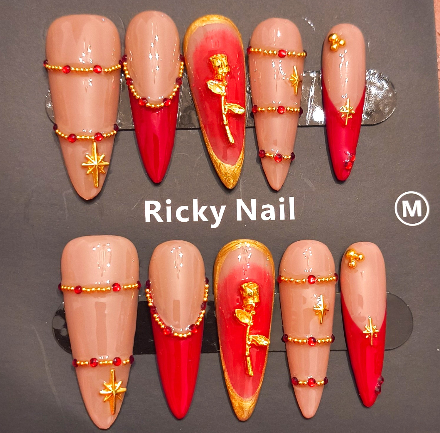Ricky Nail Press-On Nails Medium Stiletto Red Beige Gold Star Design