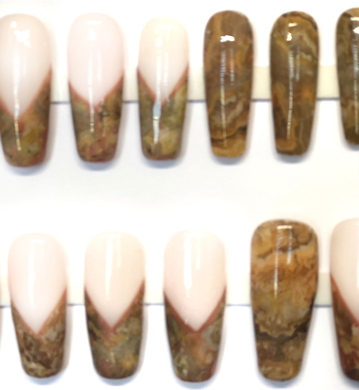 Custom Handmade Press On Nails Long Coffin Milky White Brown French Marble Nails