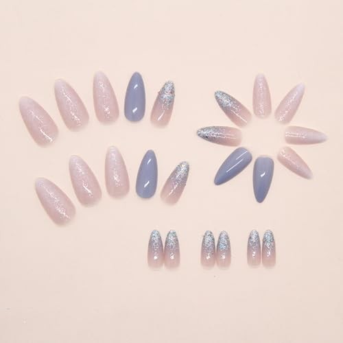 Light Blue Press on Nails Short with Glitters Design Almond Glitter Blue Nails5