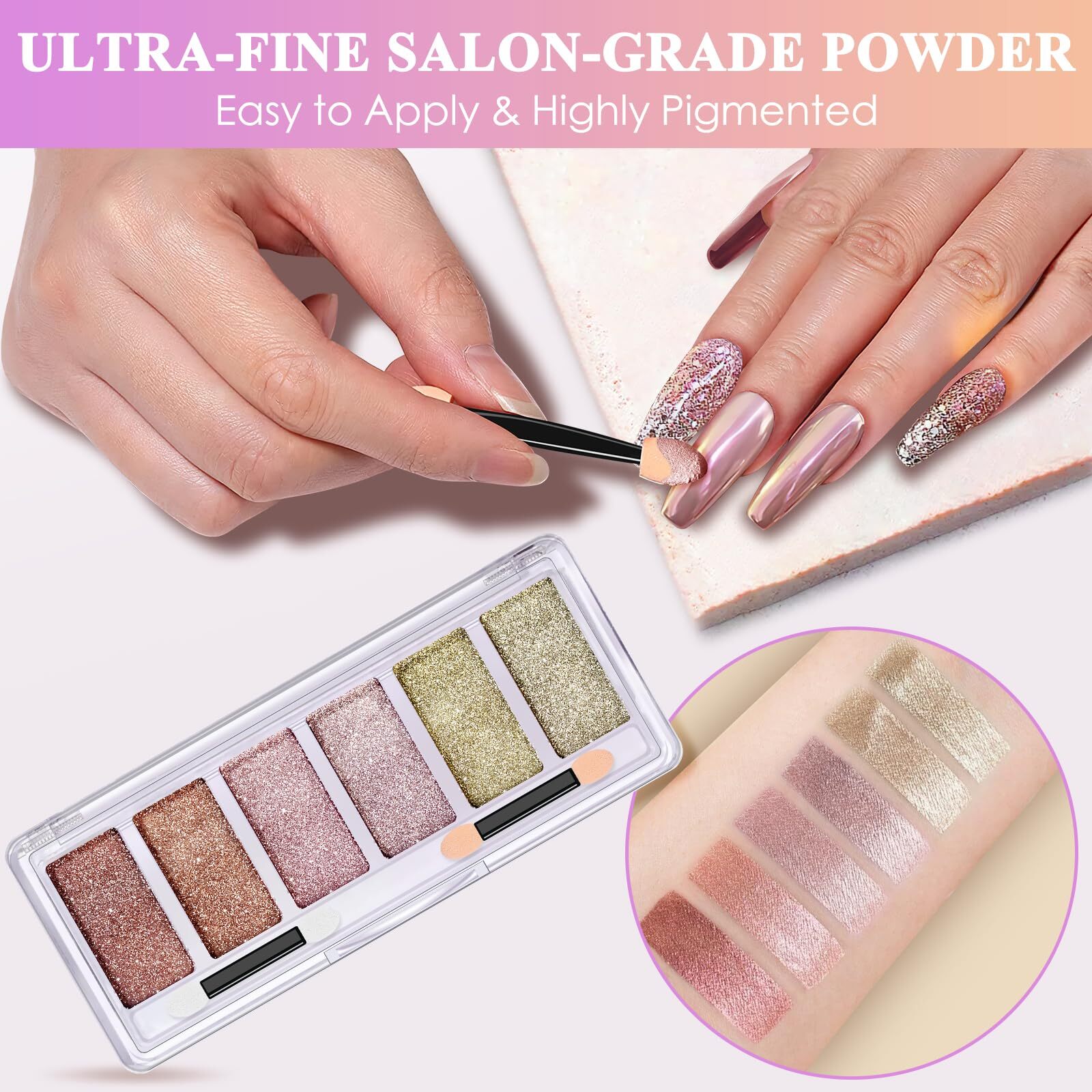 Gold Chrome Nail Powder, DRMODE 6 Colors Metallic Mirror Effect Pink Champagn
