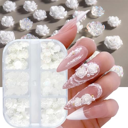 Flowers Nail Charms 3D Resin White & Aurora Clear Rose Designs Nail Art Charms