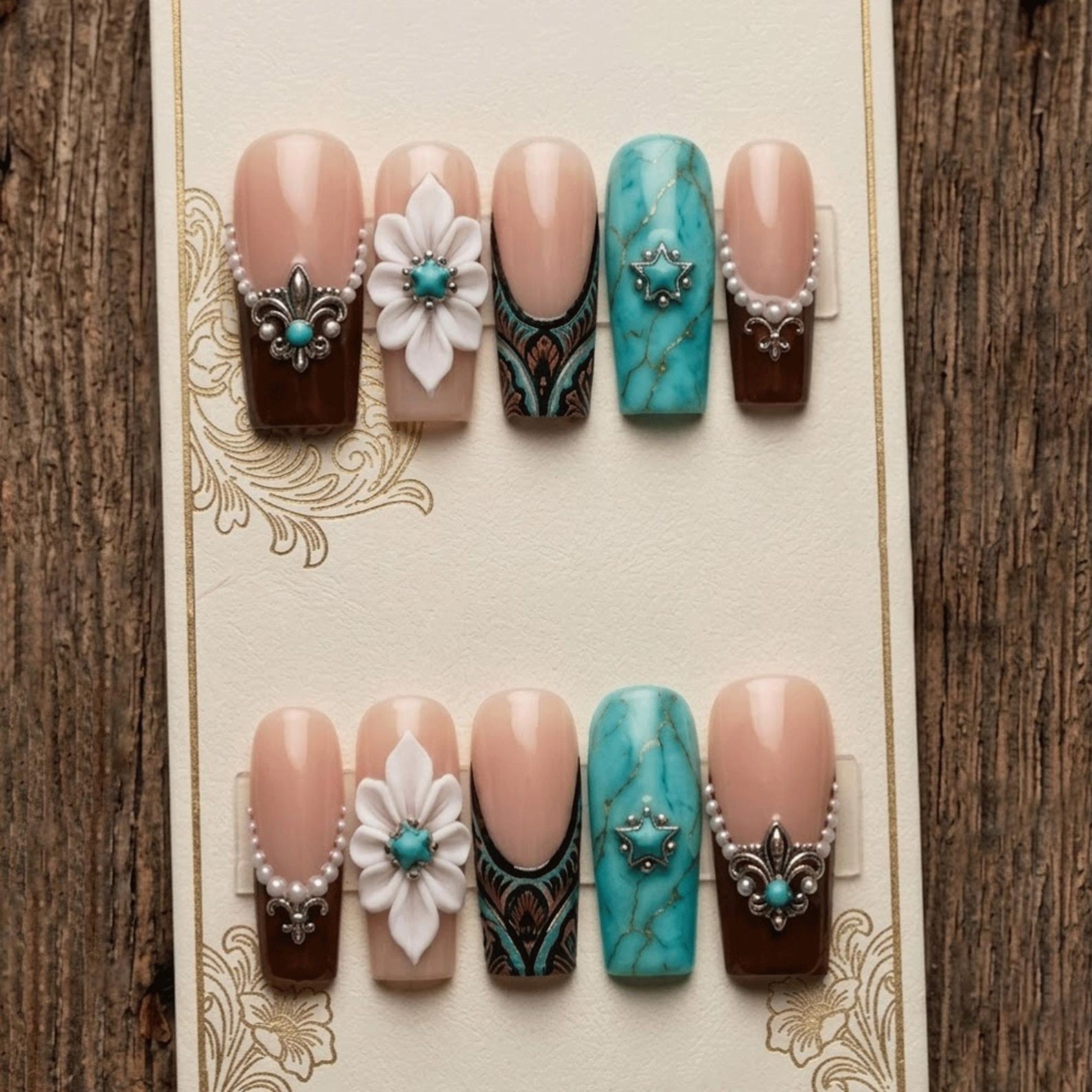 Handmade Turquoise Stone 3D Flower Star Pearl Long Coffin Press on Nails