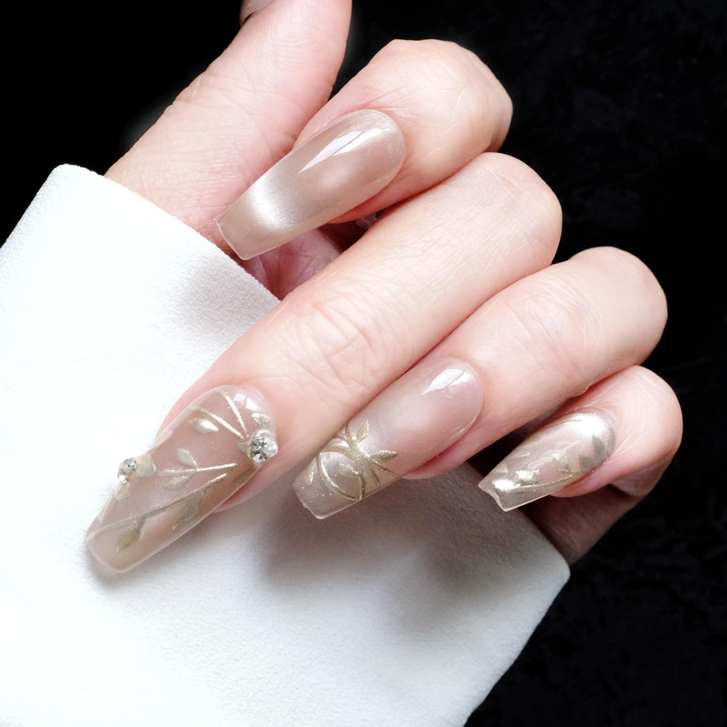 GLORS Nude Long Ballerina Press-On Nails, Gold Floral & Pearls, 10 Pcs