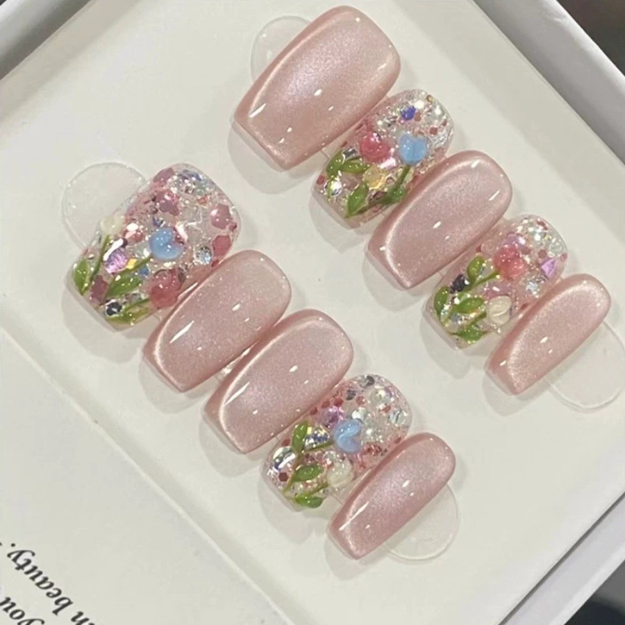 Handmade Press On Nails 10pc Pink Glitter Cat-Eye Design Oval Short Shape Glossy