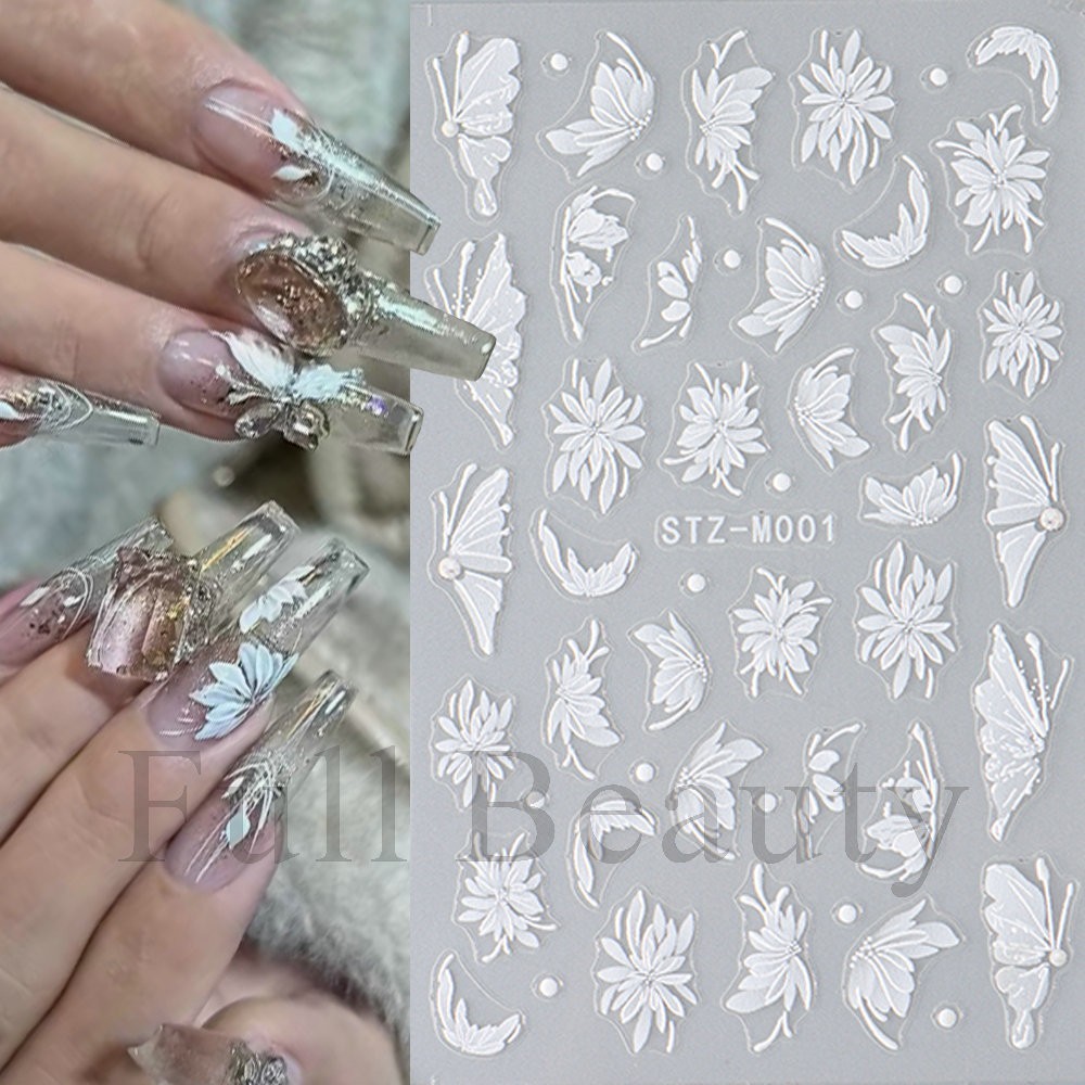 2Pcs White Butterfly Flower Lily Petal Matte Effect Thin Nail Art Stickers NH27
