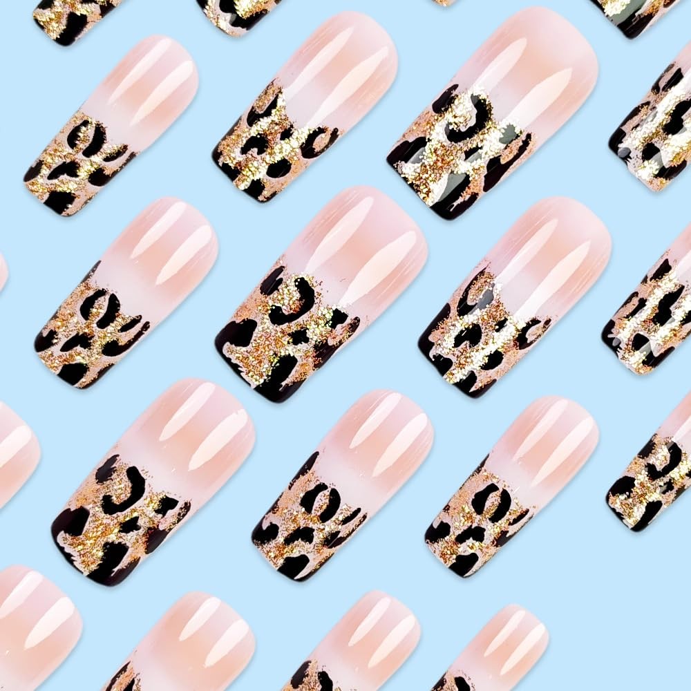 Leopard French Tip Press on Nails Medium Gold Glitter Fake Nails Square False…