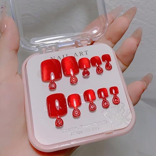 24 Pcs Red Press on Toenails Square Short Fake Toe Nails Full Cover Style 6