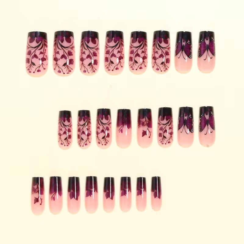 24pcs Ballet Press-On Nails, Medium Length, Glossy, Colorful Butterfly Design