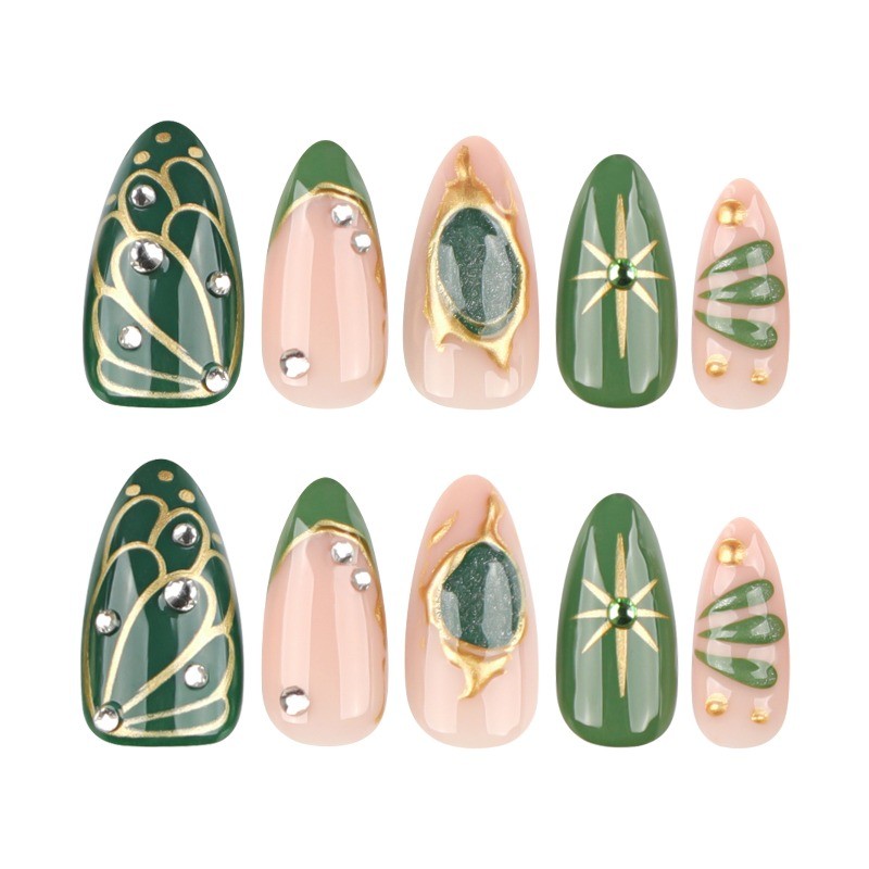 48pcs-Vintage Fake Nails with Green Nude Base, Gold Foil and Gemstone Accents