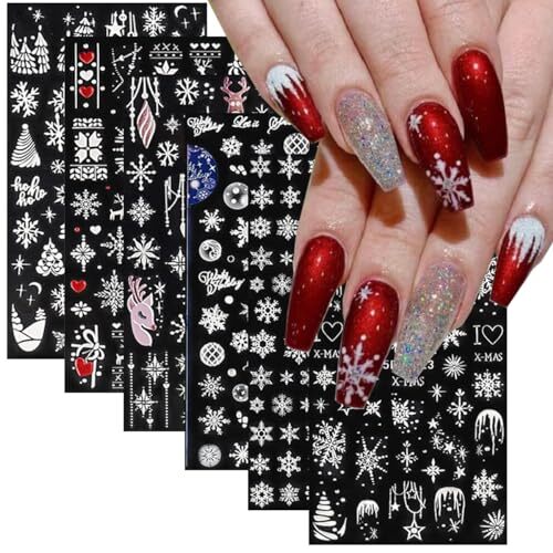 5D Embossed White Snowflake Nail Art Stickers,6 Sheets Engraved Snowflakes