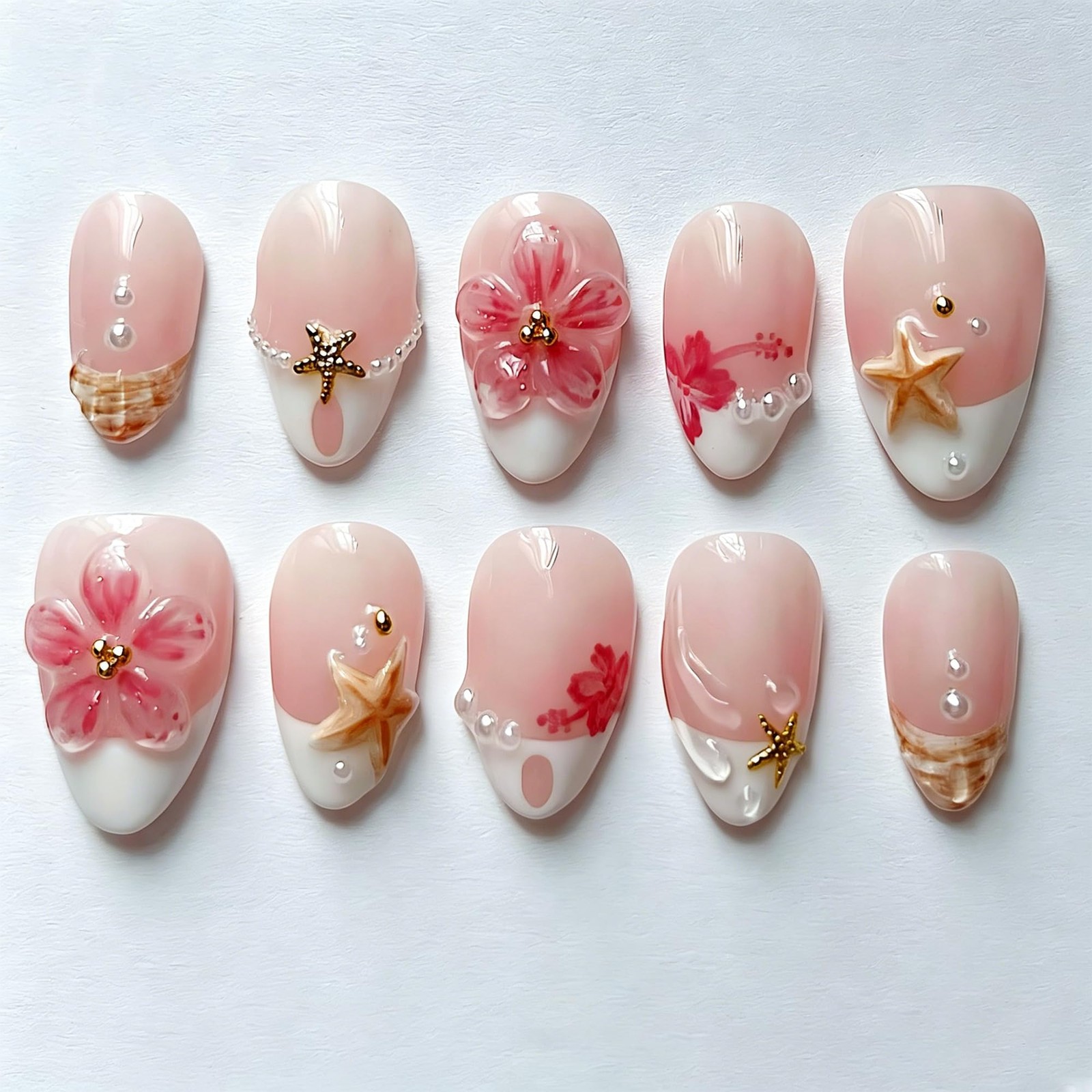 30Pcs Short Almond Press On Nails, Summer Beach Theme False Nails with 3D Pin…