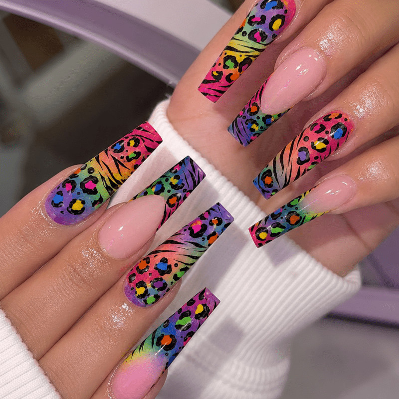 48 Pcs Rainbow Leopard Coffin Press on Nails, Trendy Y2K Summer Fake Nails