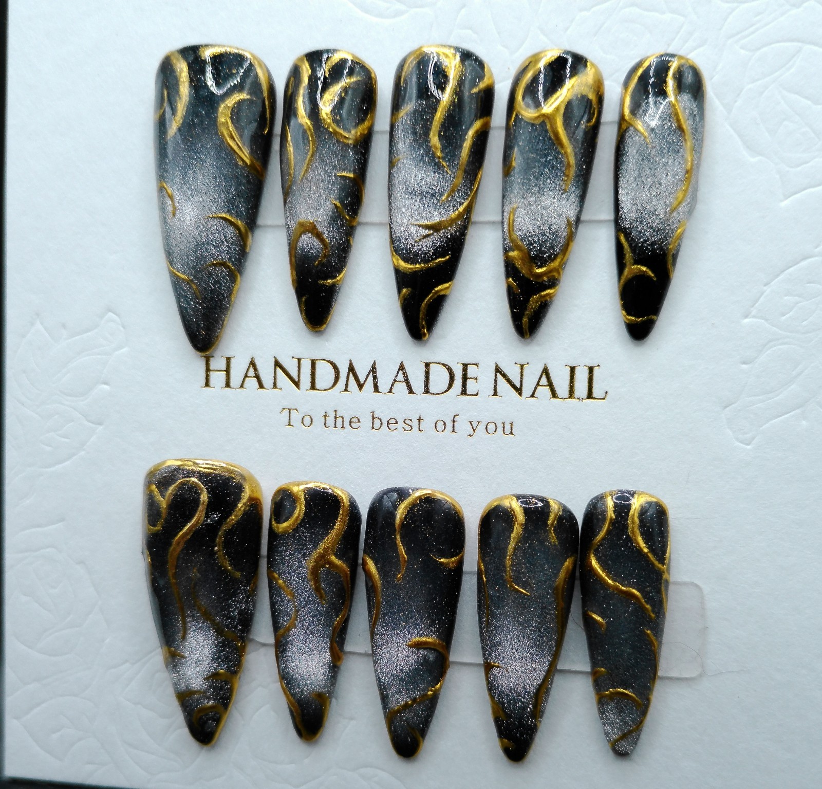 Long Stiletto Cat Eye and Chrome Press-on Nails, Medium Size
