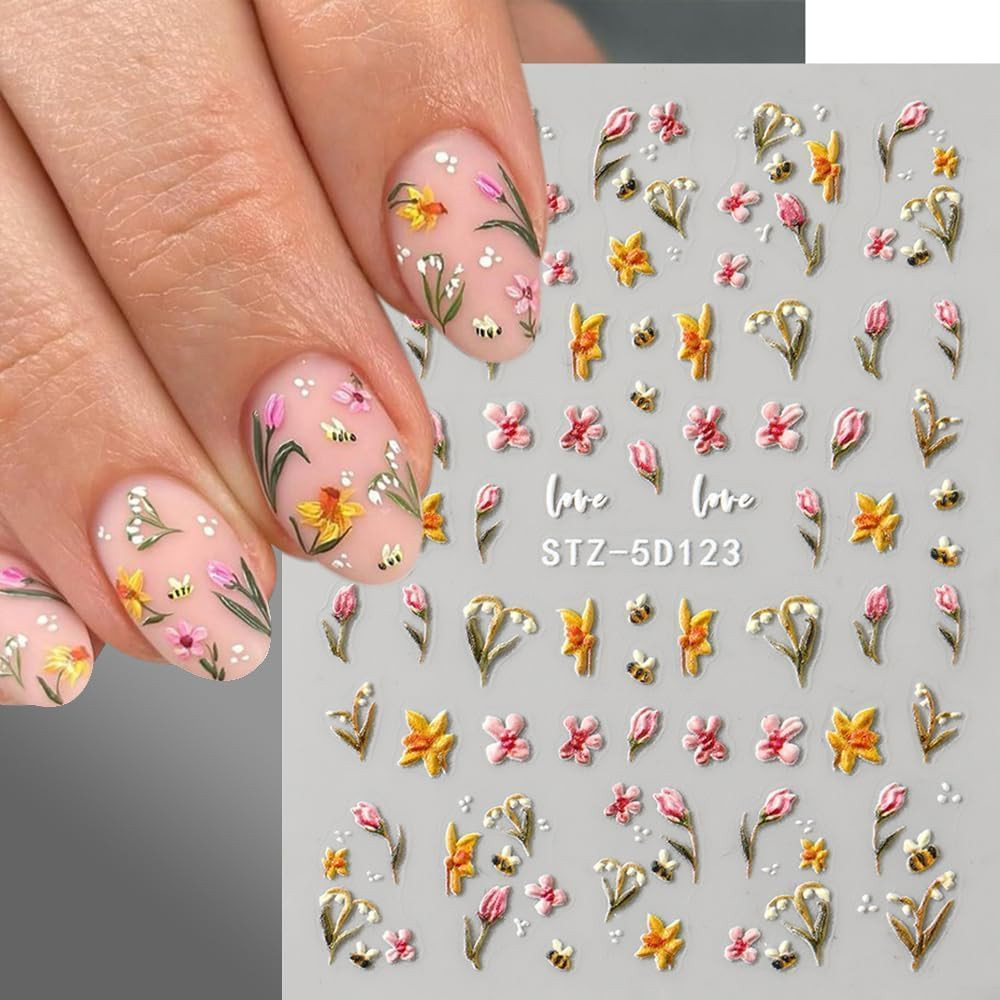 Nail Stickers for Nail Art, 5D Embossed Cute Floral Bee Ladybug Flower Nail Deca