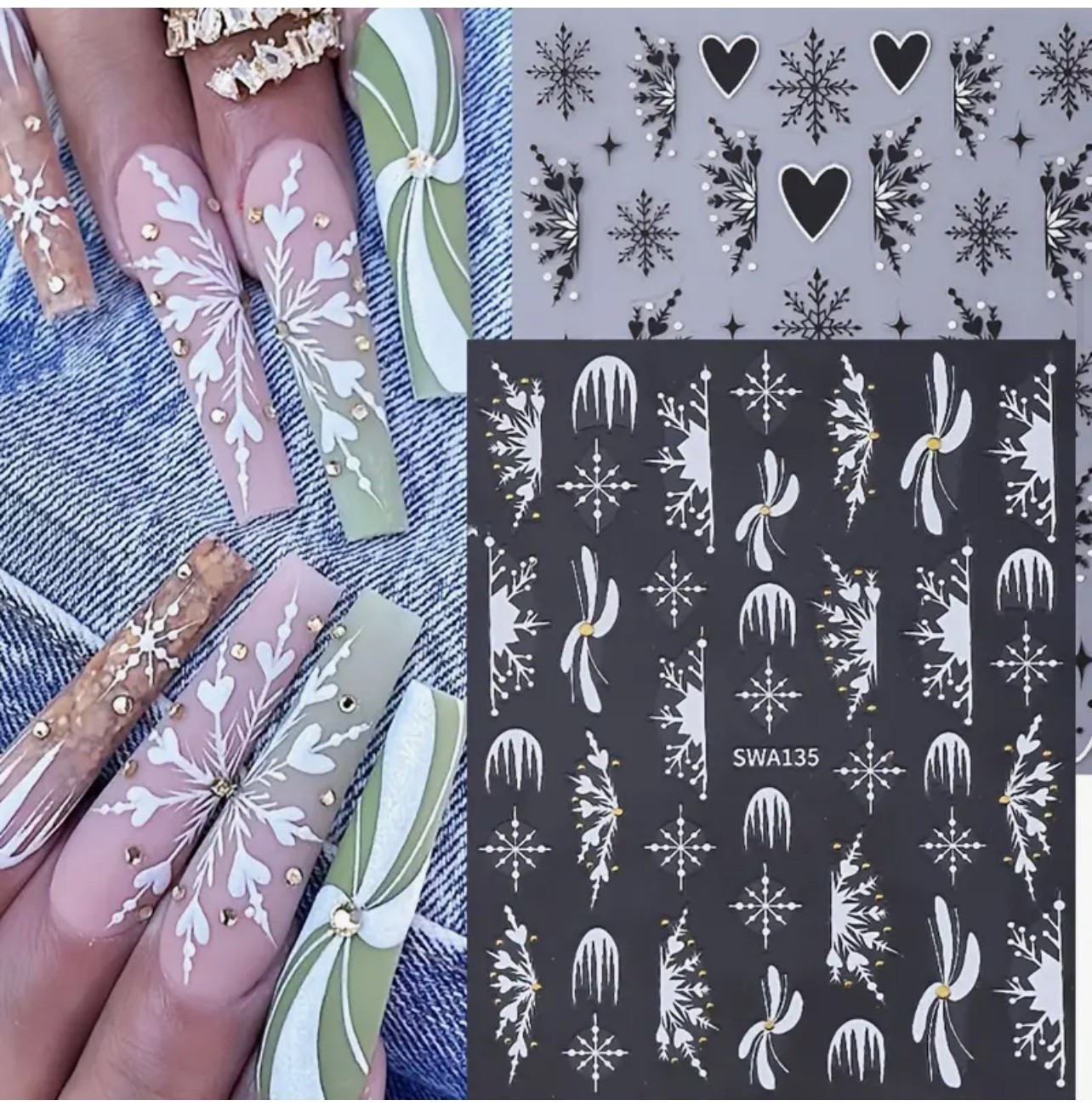 Snowflake Nail Art Stickers For Long Nails Christmas Black White Festive Winter