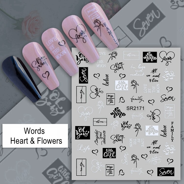 Black White English Words Nail Sticker Flower Figure Love New Monday Week