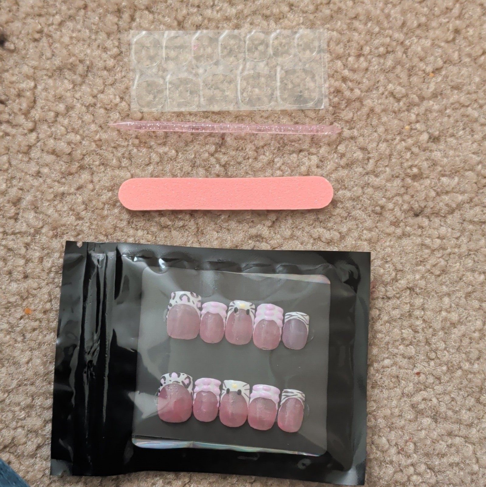 10 Piece Short Square Press-On Nails, Pink White Black 3D Shiny Animal, Handmade