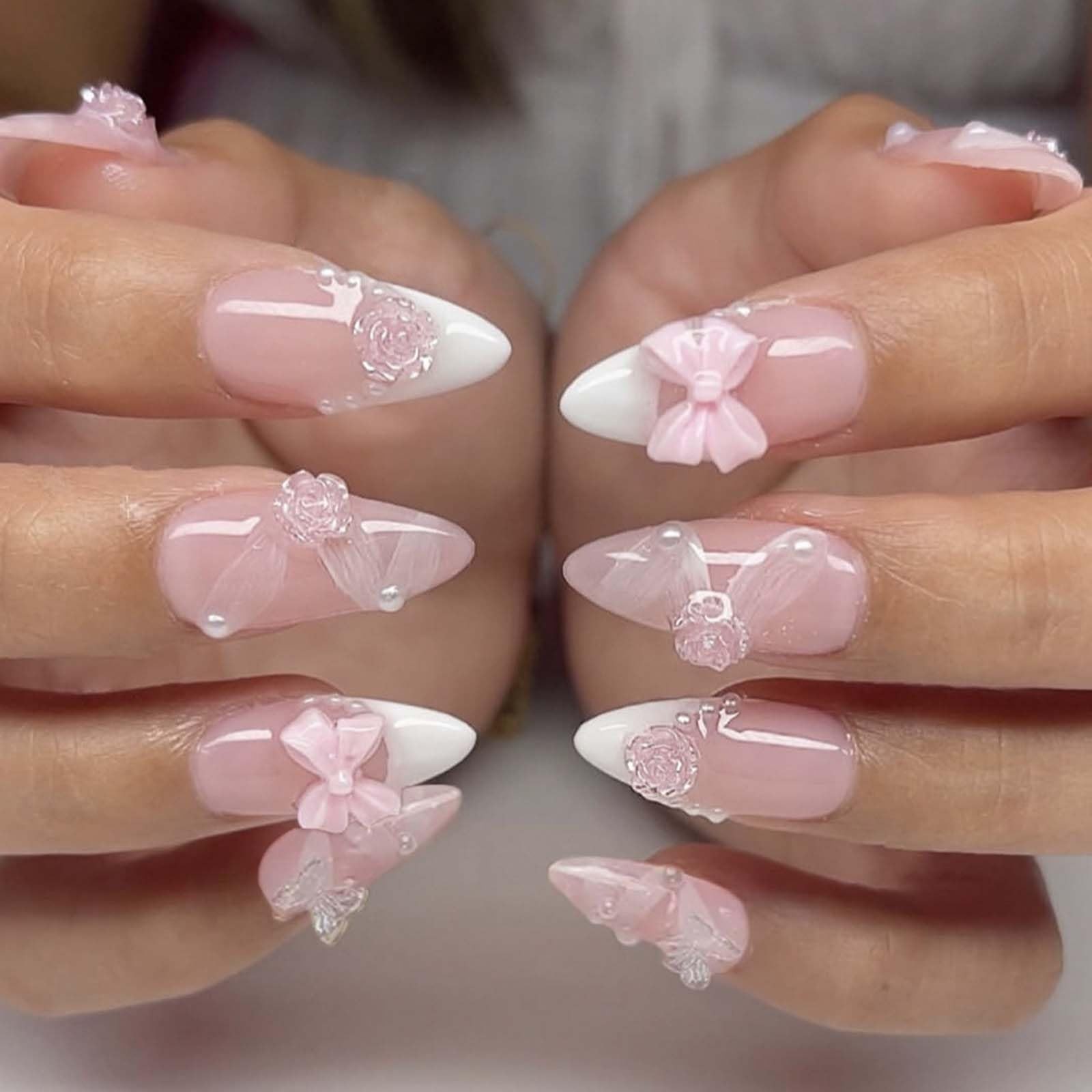 24Pcs French Tip Press on Nails Medium Almond Bow 3d Flower Fake Nails With P…