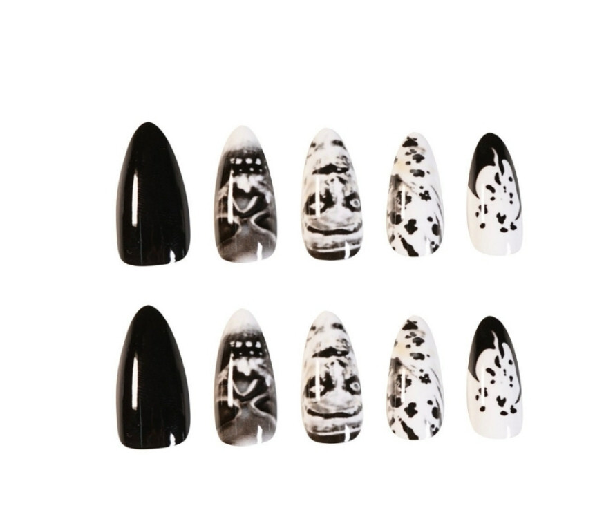 24 Medium Press on nails kit w glue horror halloween nun black white goth stilet