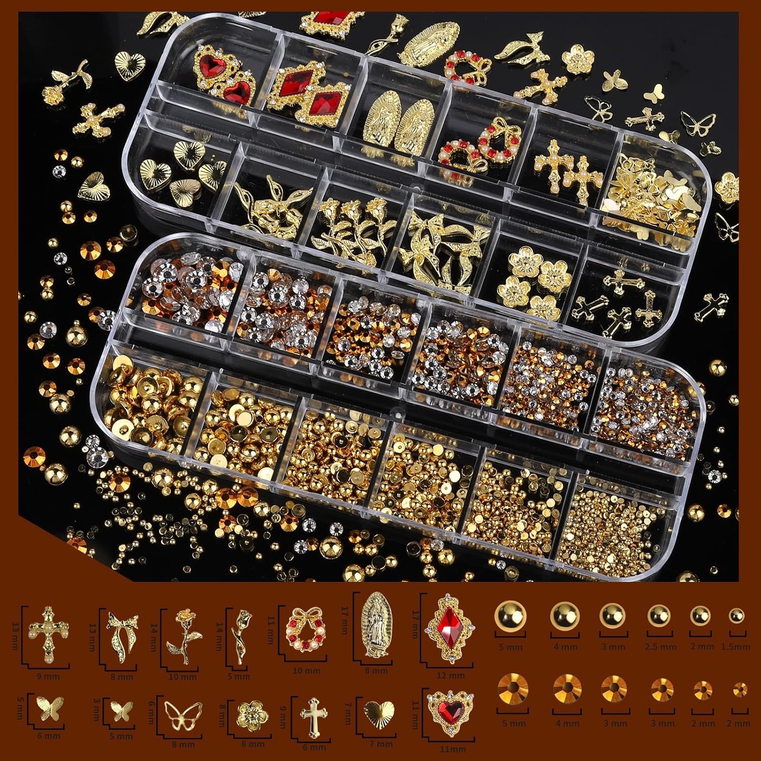 Gold Nail Charms and Gems Set, 4 Boxes Nail Gems Nail Pearls Nail Art Tools 3D