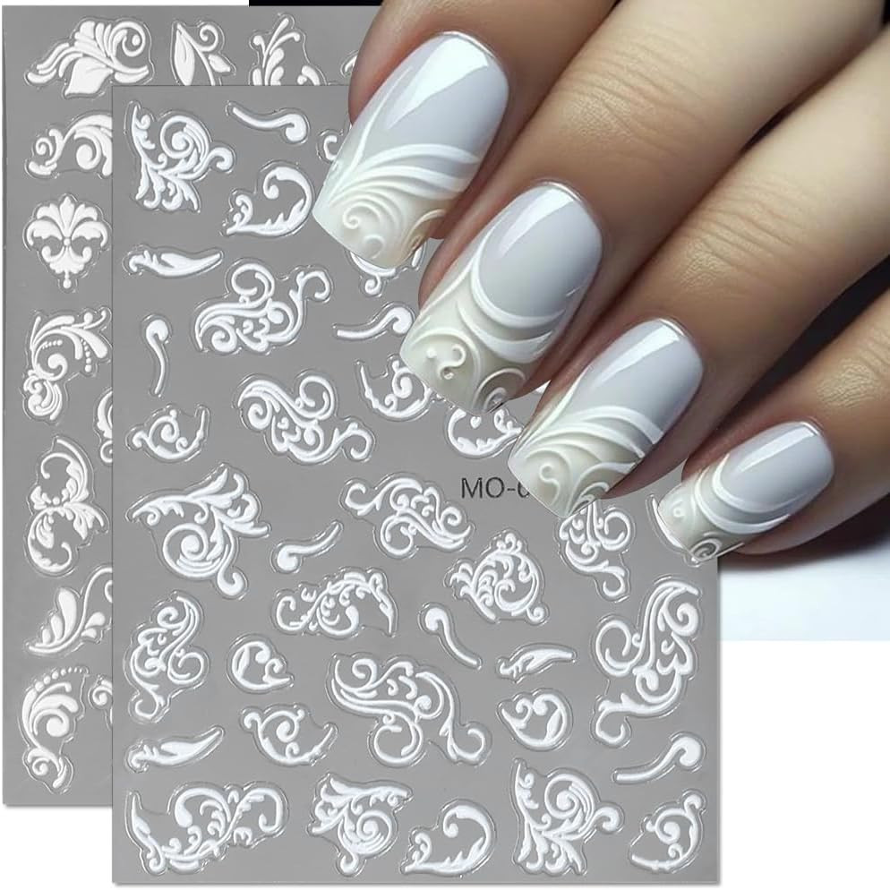 6 Sheets 5D Lace Flower Nail Stickers White Embossed Nail Art Decals DIY