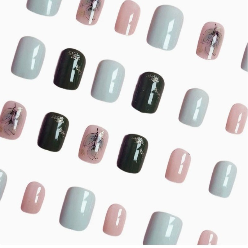 48pcs-Botanical Press on Nails, Short Square Sage Green with Gold Foil Accents