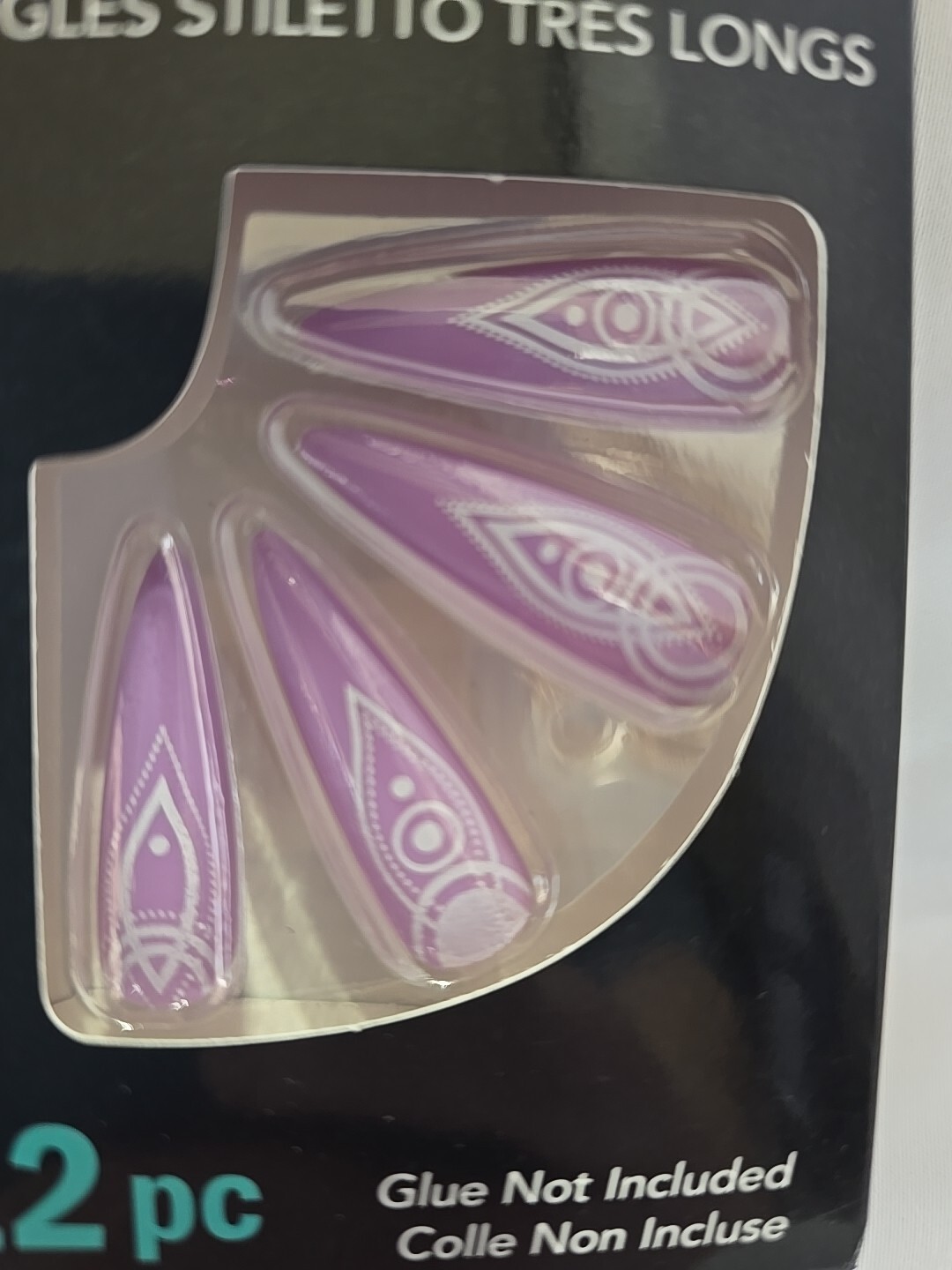 XL Fashion Nails 12ct Stiletto Fake Artificial Nails New Purple W/Design
