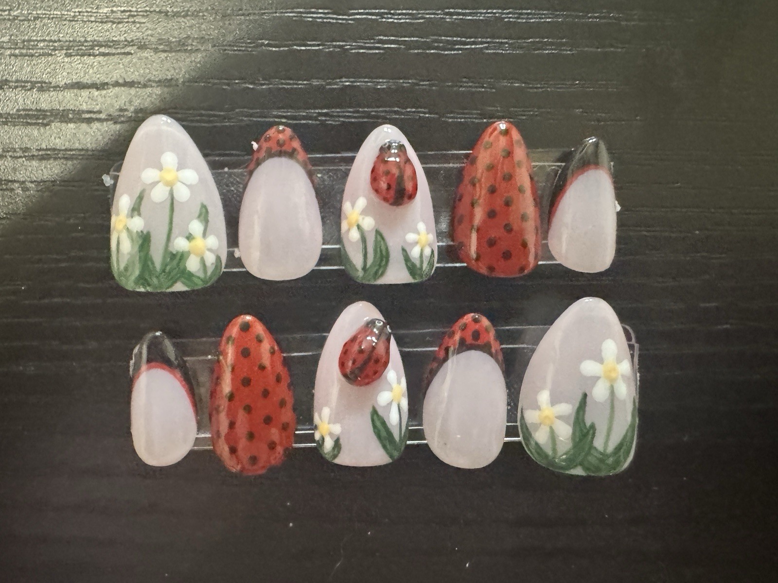 Ladybug Flower 3D Almond Press-On Nails Set Red Pink Green Full Cover