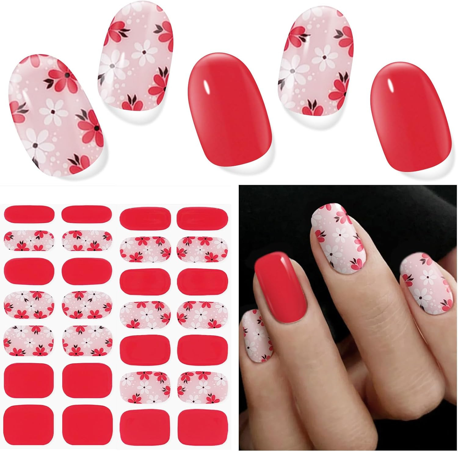 Semi Cured Gel Nail Strips, Red Pink Flowers, 28Pcs Gel Nail Stickers