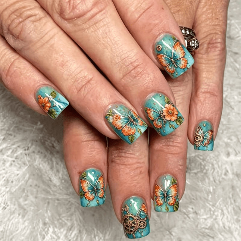 48Pcs Lake Blue Steampunk Nails, Butterfly Flower Design for Fingers & Toes