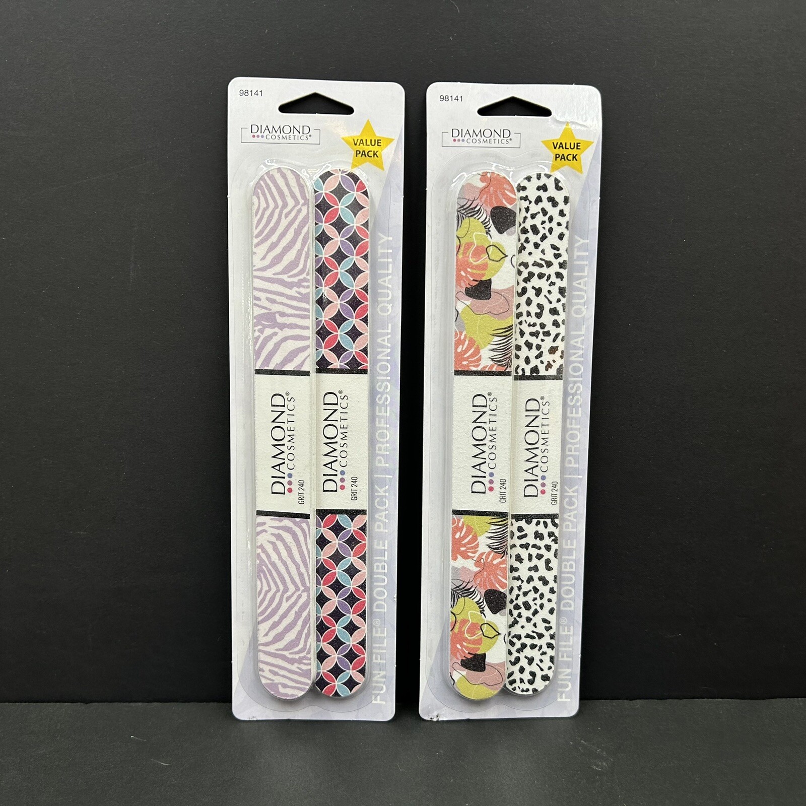 Lot of 2 Fun File Double Packs Nail Files by Diamond Cosmetics Grit 240 4 Total