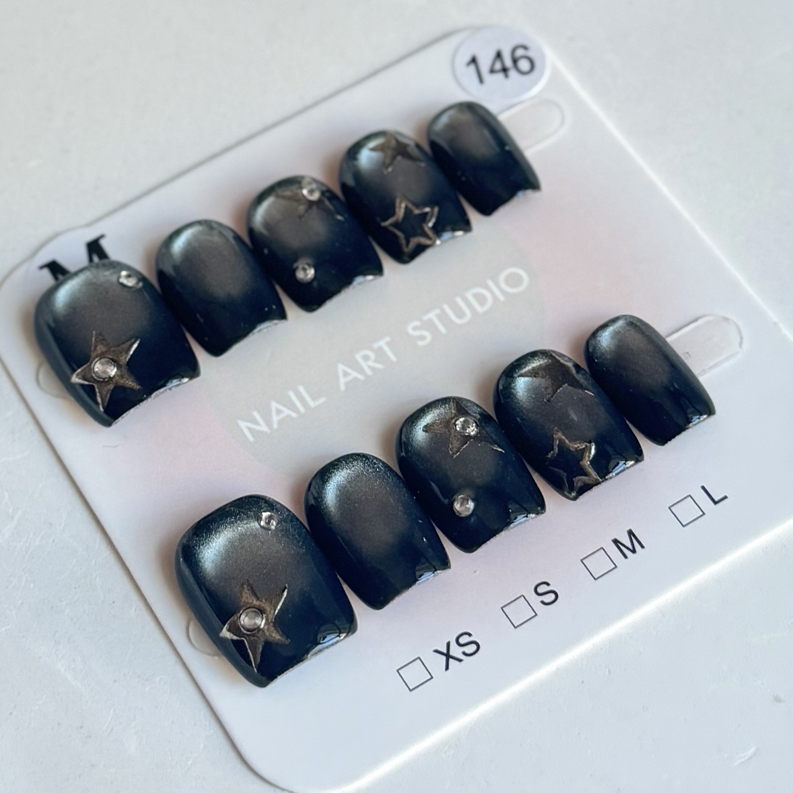 Handmade Black Star Y2K Press-On Nails Short Square Size M Reusable Fake Nails