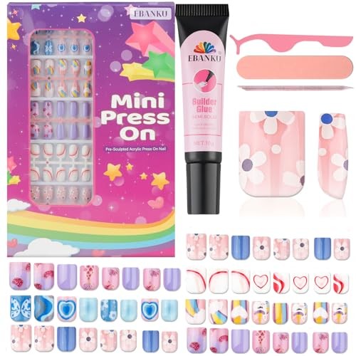 130 Pieces Press on Nails for Kids, 5 Pack Kid Fake Nail Kit Old Rainbow/5P