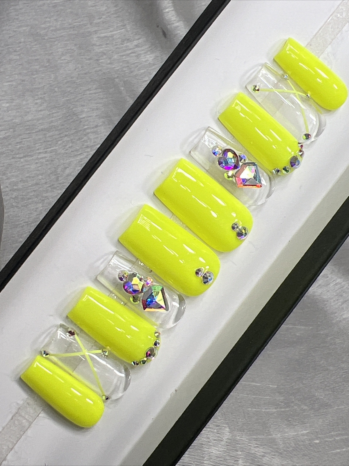 ⚡️ CUSTOM Hard Gel Press On Nails, ELECTRIC YELLOW 10p FULL SET W Kit Square
