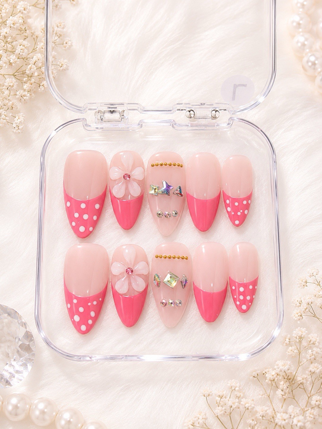 M.Y Aesthetic Press-On Nails Medium 10 Pcs 3D Floral Almond Coffin