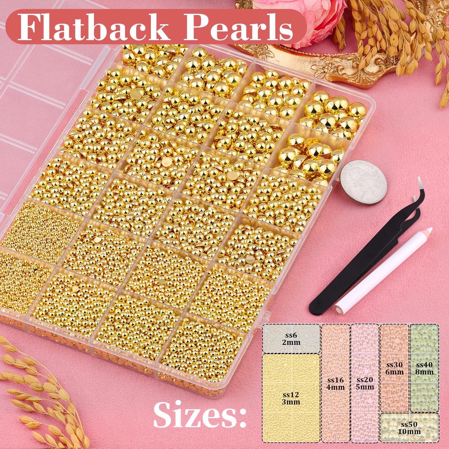13000Pcs Flatback Pearls for Crafting Gold, Assorted Size 2/3/4/5/6/8/10mm Ha…